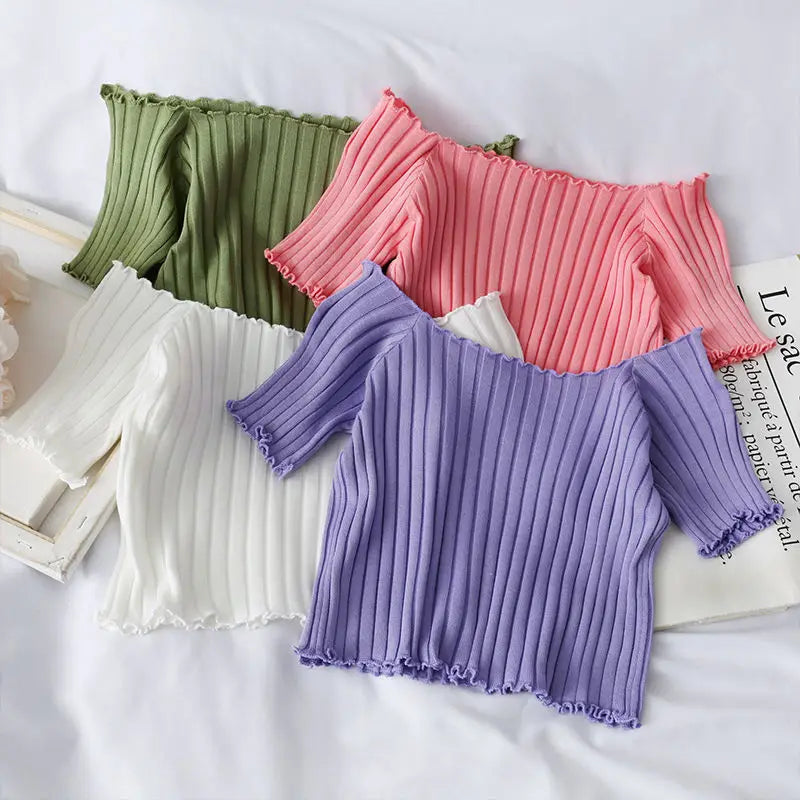 Women's Off Shoulder Knitted Ribbed Fashion Designer T-Shirts Mesh Fabric Canvas Fabric Denim Fabric Women's Off Shoulder Knitted Ribbed Fashion Designer T-Shirts Mesh Fabric Canvas Fabric Denim Fabric