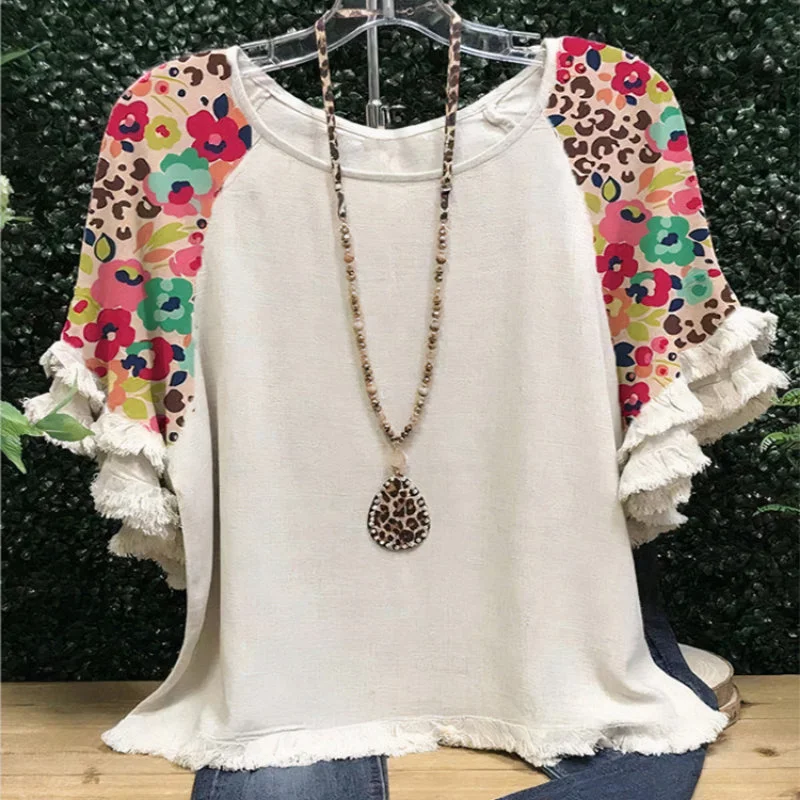 2023 Ladies Leopard Print Short Sleeve Stitching Plus Size T-shirts Women Summer Ruffle Tassel Patchwork Blouse Real Fur Shearling Chenille