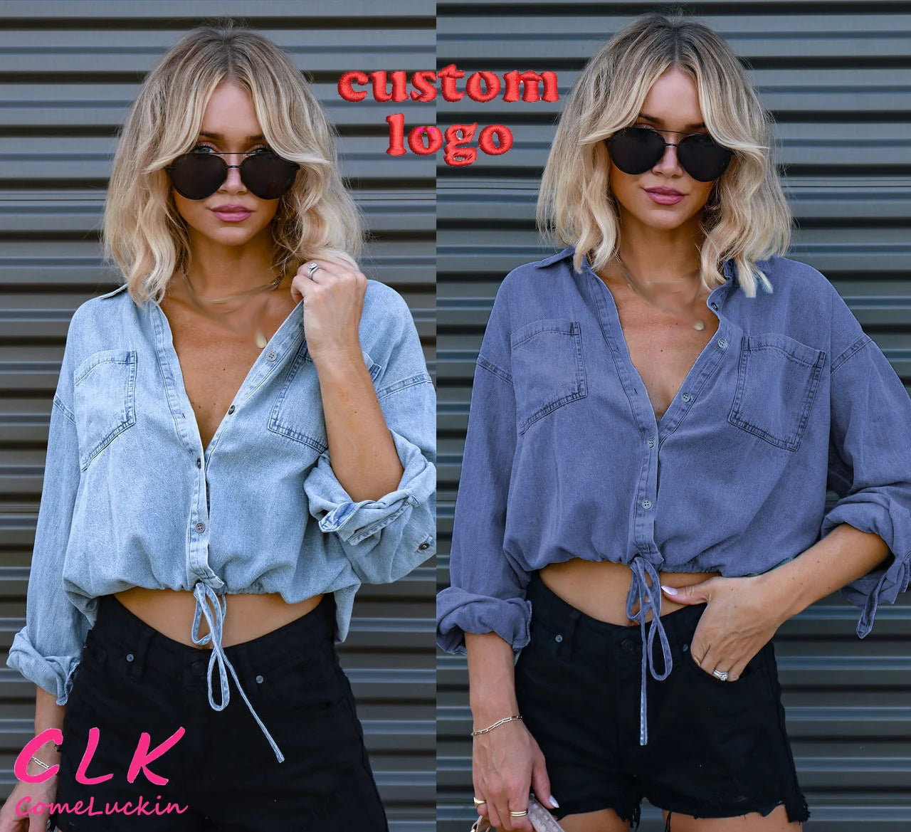 Custom Logo Women Fall Winter Ladies Denim Shirt Top Loose Casual Long Sleeve Lace Layered Multi-layer Single Layer