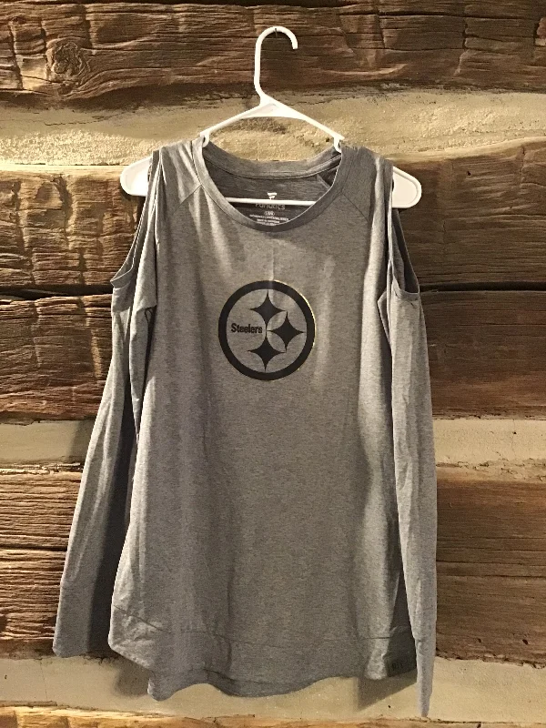 NFL Fanatics Pittsburg Steelers Womens long sleeve shoulder-less Shirt size L Denim Fabric Leather Fabric Suede Fabric NFL Fanatics Pittsburg Steelers Womens long sleeve shoulder-less Shirt size L Denim Fabric Leather Fabric Suede Fabric