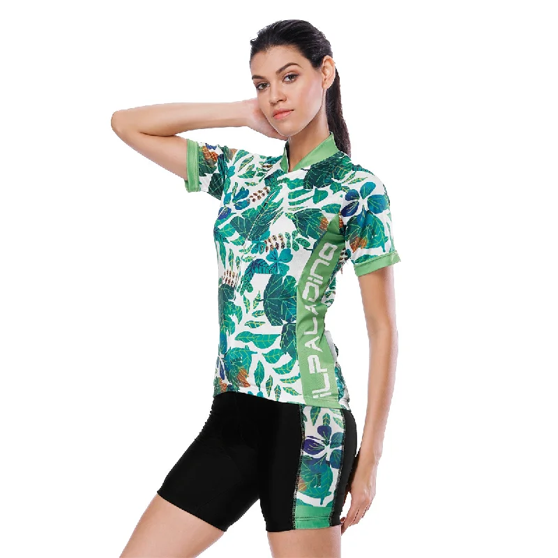 Tropical Plant Fresh Green Leaves Nordic Style Women's Cycling Short-sleeve Bike Jersey/Kit T-shirt Summer Spring Road Bike Wear Mountain Bike MTB Clothes Sports Apparel Top / Suit NO. 803 Front Pockets Side Pockets Patch Pockets