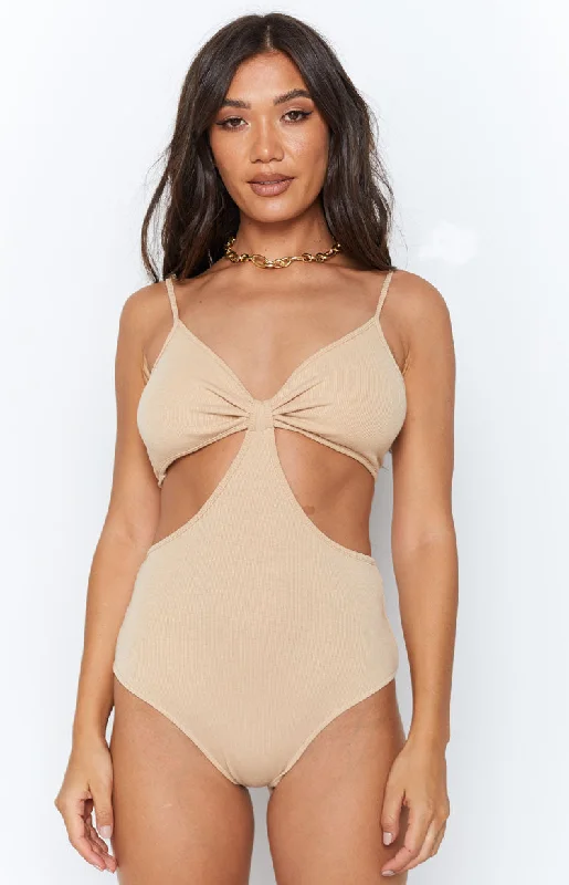 Lille Side Cut Out Knit Bodysuit Beige Trendy Seamless Bodysuit for Comfort