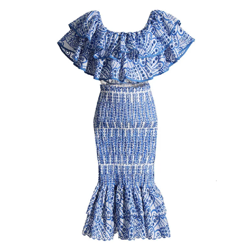 Boho Broderie Anglaise Shirred Detail Ruffled Mermaid Midi Skirt Matching Set floral skirt print Boho Broderie Anglaise Shirred Detail Ruffled Mermaid Midi Skirt Matching Set floral skirt print