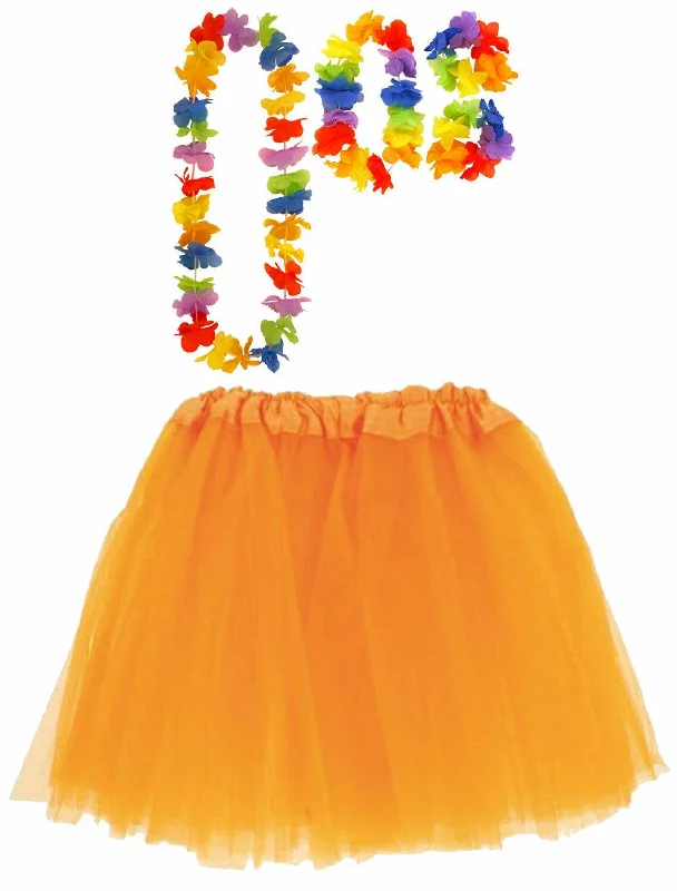 Orange Tutu Net Skirt with Satin Band Hula Lei Set Hawaiian Beach Party Costume velvet skirt plush Orange Tutu Net Skirt with Satin Band Hula Lei Set Hawaiian Beach Party Costume velvet skirt plush