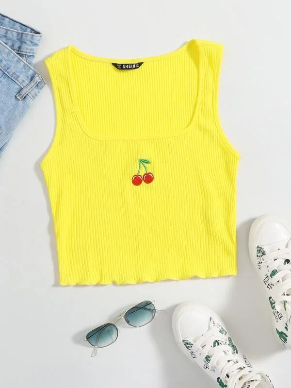 Lettuce Trim Rib-knit Cherry Embroidered Tank Top black tank top