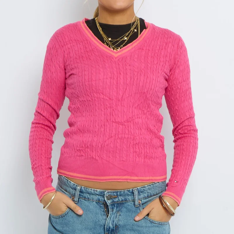 Tommy Hilfiger Cable Knit V-Neck Sweater - UK 8 Turtle Neck Boat Neck Asymmetrical Neck Tommy Hilfiger Cable Knit V-Neck Sweater - UK 8 Turtle Neck Boat Neck Asymmetrical Neck