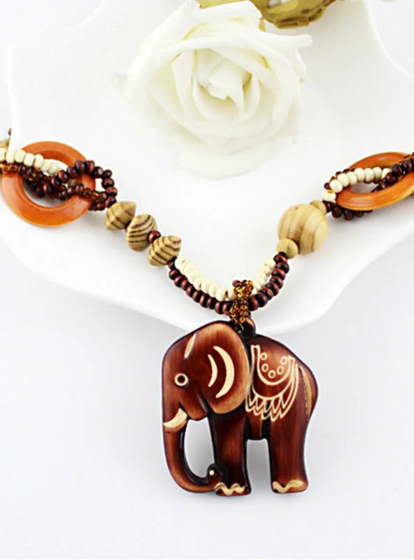 Wood Elephant Pedant Necklace Sweater Chain Herringbone Houndstooth Plaid