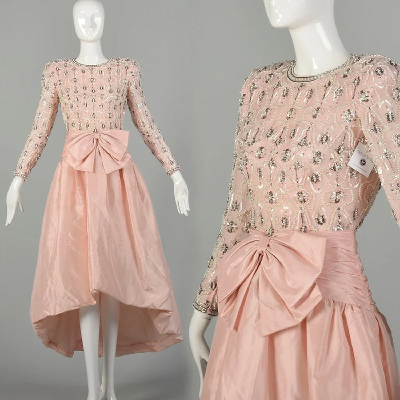 XS 1980s Victoria Royal Evening Gown Hi-Lo Skirt Beaded Pearl Bodice Pink Taffeta leather skirt durable XS 1980s Victoria Royal Evening Gown Hi-Lo Skirt Beaded Pearl Bodice Pink Taffeta leather skirt durable