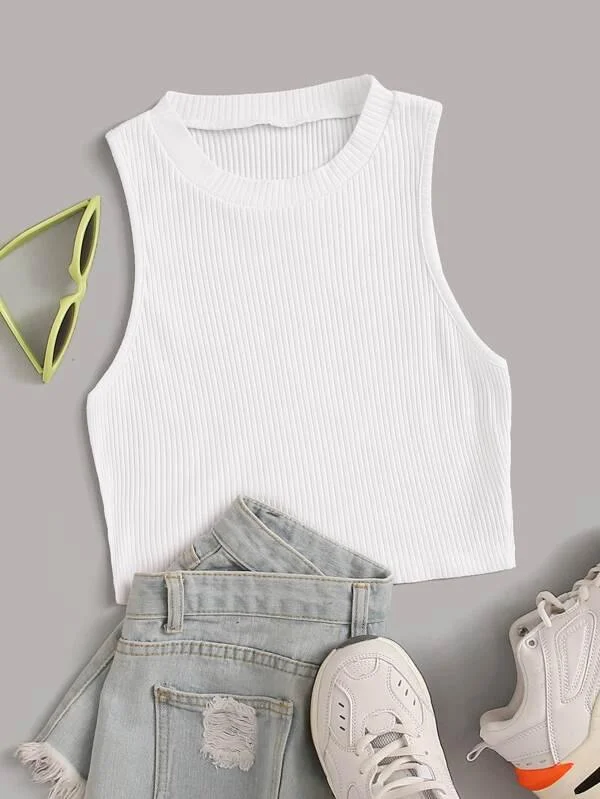 Solid Ribbed Cropped Tank Top high neck tank