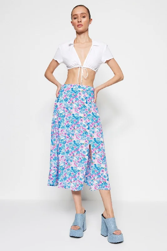 Indigo-Ecru Midi Woven Slit Detailed Viscose Fabric Floral Patterned Skirt TWOSS20ET0230 modal blend skirt Indigo-Ecru Midi Woven Slit Detailed Viscose Fabric Floral Patterned Skirt TWOSS20ET0230 modal blend skirt