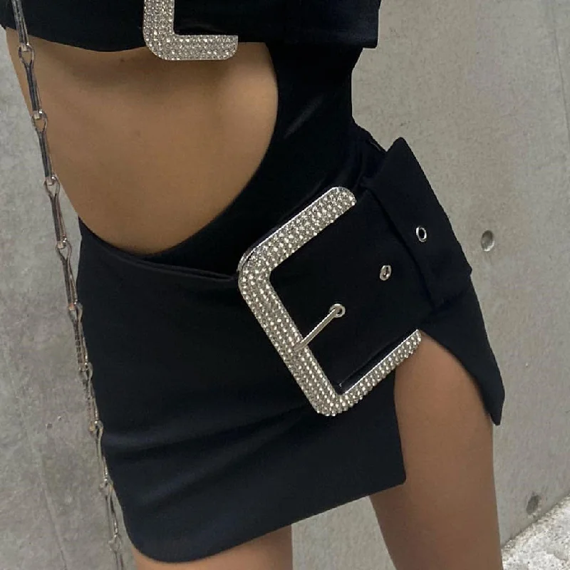 Shimmering Crystal Buckle Detail Low Rise Slit Mini Skirt - Black wrap skirt elegant Shimmering Crystal Buckle Detail Low Rise Slit Mini Skirt - Black wrap skirt elegant