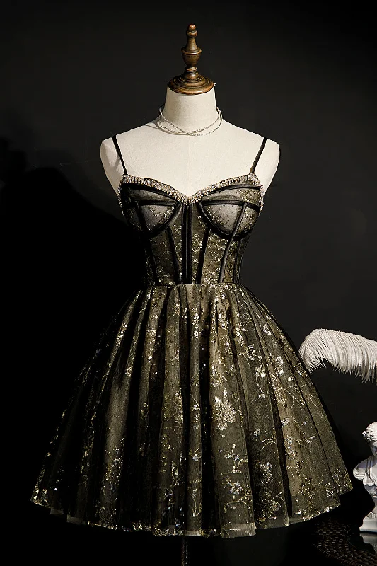 Elegant Black Spaghetti Strap Sequins Tulle Short Homecoming Dresses Tunics Floral girly Elegant Black Spaghetti Strap Sequins Tulle Short Homecoming Dresses Tunics Floral girly