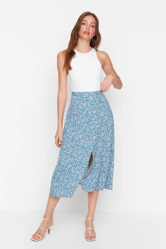 Blue Midi Woven Slit Detailed Viscose Fabric Floral Patterned Skirt TWOSS20ET0230 low waist skirt Blue Midi Woven Slit Detailed Viscose Fabric Floral Patterned Skirt TWOSS20ET0230 low waist skirt