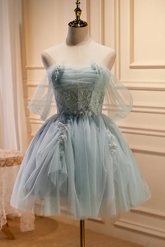 Charming Blue Off The Shoulder A Line Tulle Short Homecoming Dresses Crew Neckline Casual Charming Blue Off The Shoulder A Line Tulle Short Homecoming Dresses Crew Neckline Casual