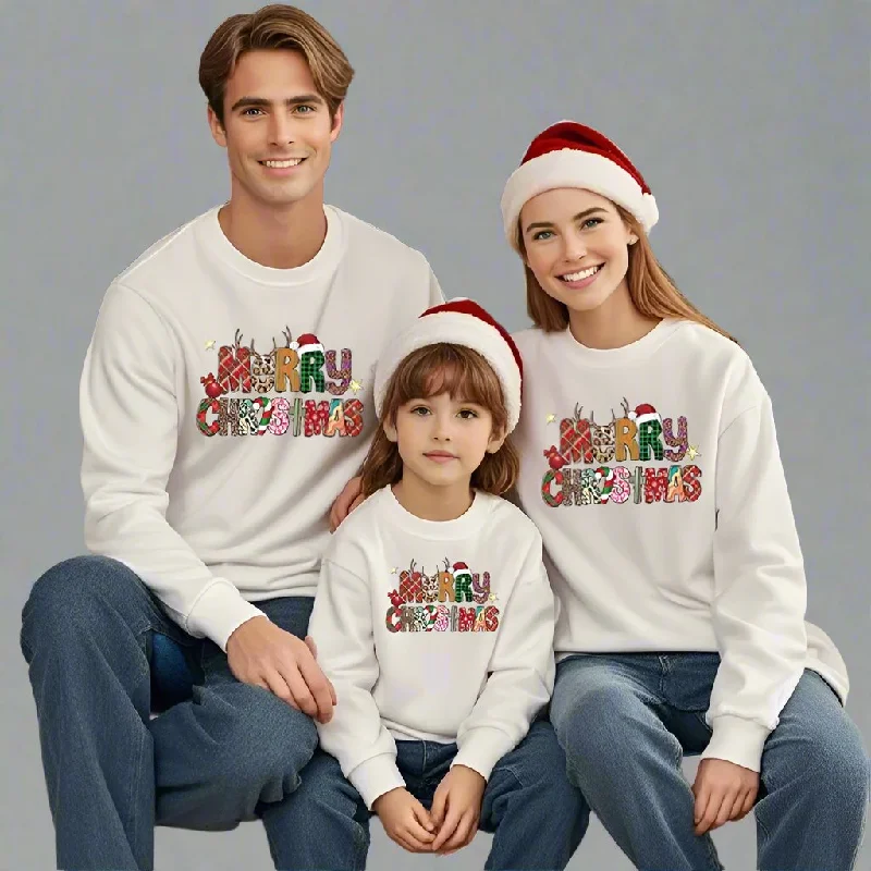 Family Christmas Sweatshirt Set - "Merry Christmas" Matching Holiday Sweaters for Family Hoodie with Set-In Sleeves Structured Classic