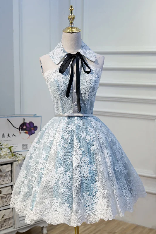 Cute Light Sky Blue Halter Homecoming Dresses with Lace Appliques Tunics Favorite customer Cute Light Sky Blue Halter Homecoming Dresses with Lace Appliques Tunics Favorite customer