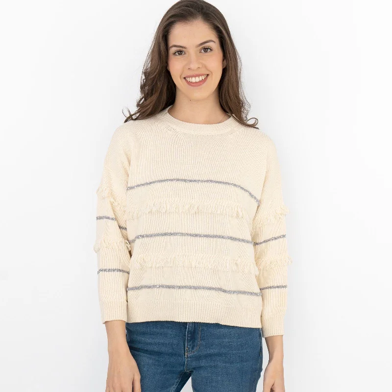Max Mara Weekend Elfo Sweater White Cotton Blend Round Neck Long Sleeve Jumpers with Fringe Details Boat Neck Shawl Collar Notched Collar Max Mara Weekend Elfo Sweater White Cotton Blend Round Neck Long Sleeve Jumpers with Fringe Details Boat Neck Shawl Collar Notched Collar