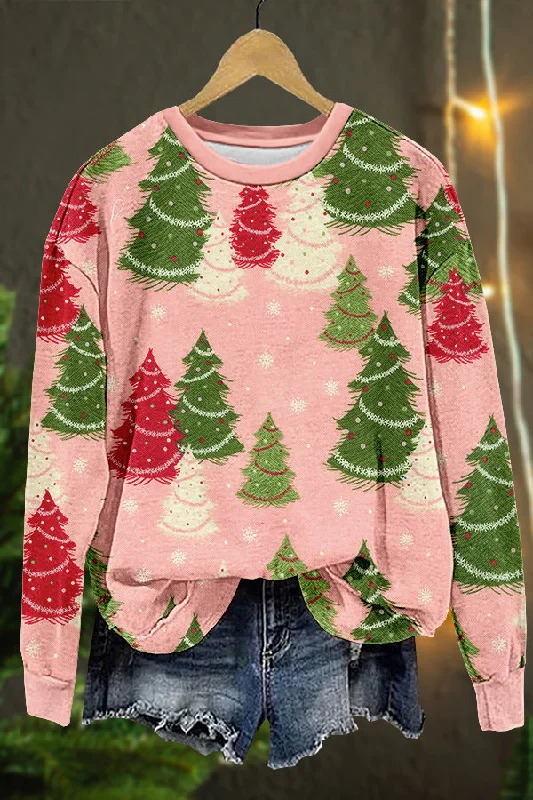 Sweet Christmas Trees Print Sweatshirt Hoodie with Embroidery Detailed Premium