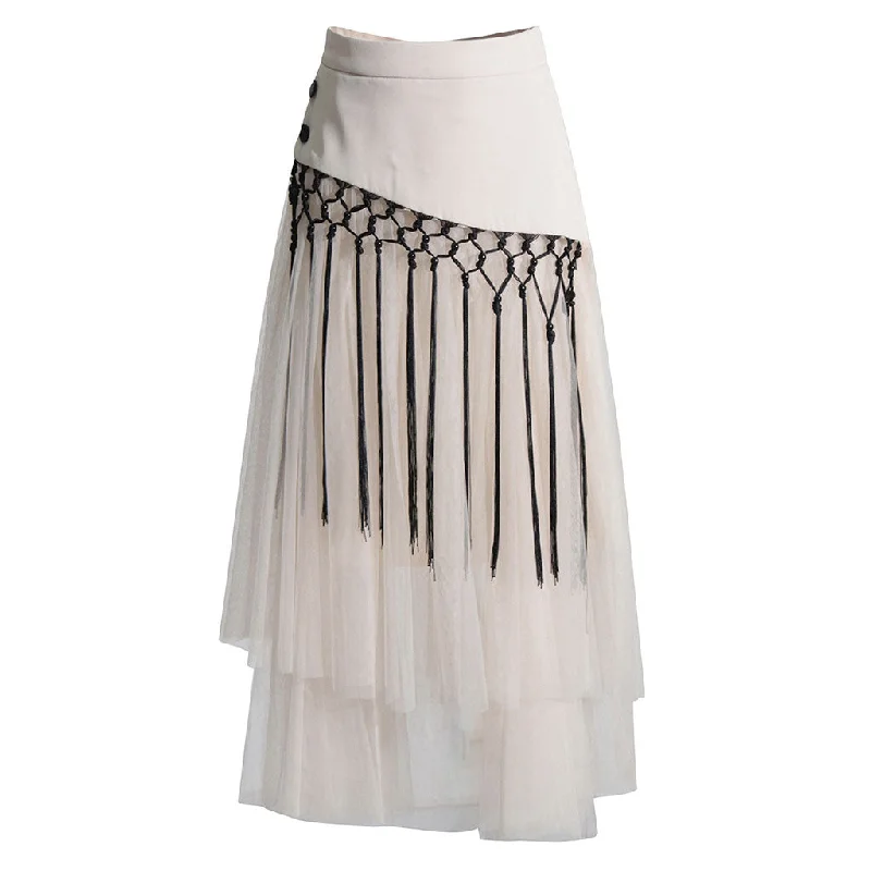 Deconstructed Macrame Fringe Detail High Waist Tiered Tulle Midi Skirt chiffon skirt delicate Deconstructed Macrame Fringe Detail High Waist Tiered Tulle Midi Skirt chiffon skirt delicate