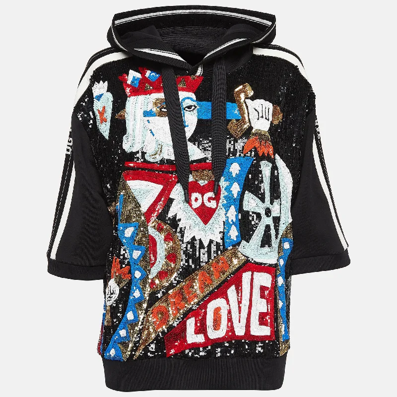 Dolce & Gabbana Black Sequin Cotton Knit Hoodie Hoodie with Slim Fit Tailored Modern