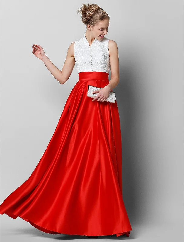 A-Line Elegant & Luxurious Color Block Formal Evening Black Tie Gala Dress High Neck Sleeveless Floor Length Lace with Pleats Tunics Short Trendy A-Line Elegant & Luxurious Color Block Formal Evening Black Tie Gala Dress High Neck Sleeveless Floor Length Lace with Pleats Tunics Short Trendy