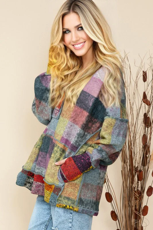 Colorful Plaid Hoodie Hoodie with Toggle Buttons Decorative Unique