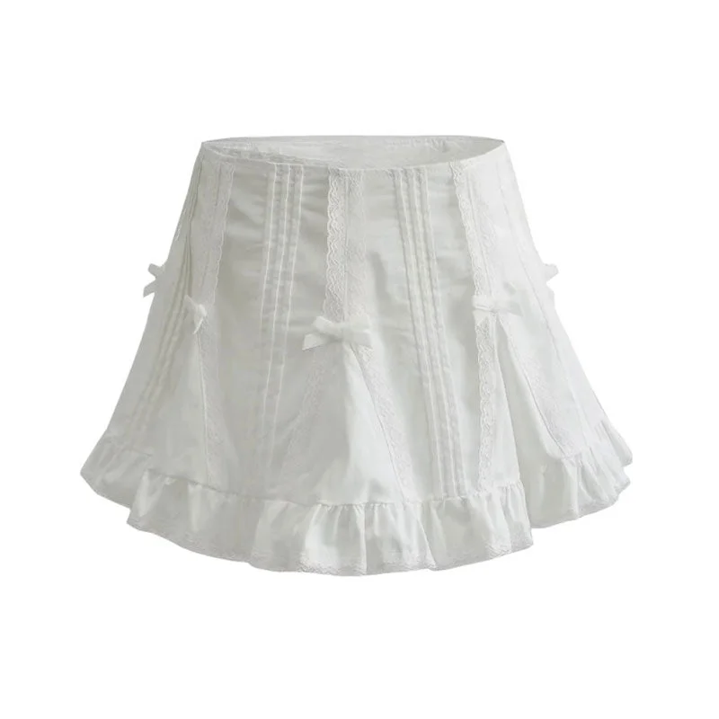 Sweet Lace High Waist Bow Trim Pleated Ruffled Godet Micro Mini Skirt flowy skirt hem Sweet Lace High Waist Bow Trim Pleated Ruffled Godet Micro Mini Skirt flowy skirt hem