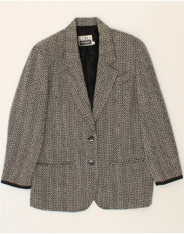 VINTAGE Womens 2 Button Blazer Jacket IT 44 Medium Grey Chevron Wool Knit Jacket Woven Jacket Fleece Jacket
