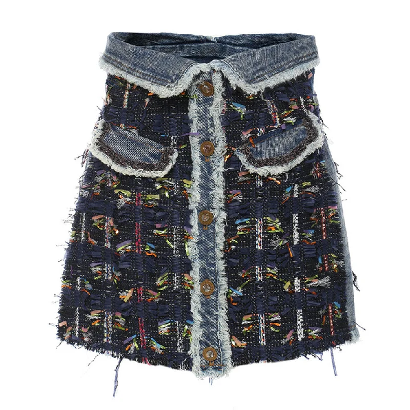 Luxury Button Front Foldover High Rise A-line Tweed Denim Mini Skirt lace skirt intricate Luxury Button Front Foldover High Rise A-line Tweed Denim Mini Skirt lace skirt intricate
