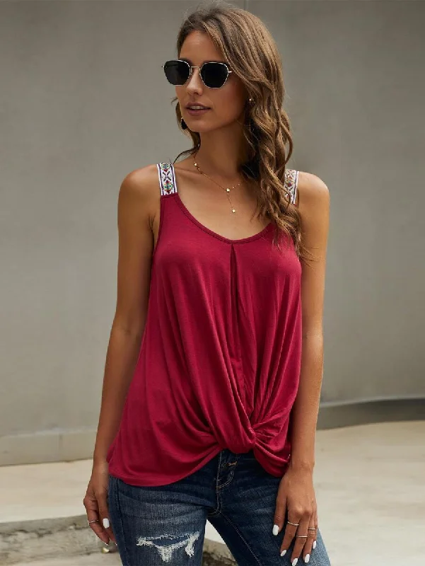 Embroidered Tape Twist Front Tank Top slim fit tank