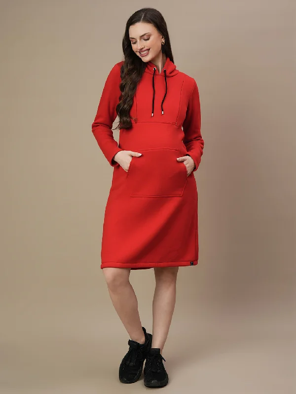 Red Maternity Hoodie Dress - Winter Hoodie with Logo Branding Identity