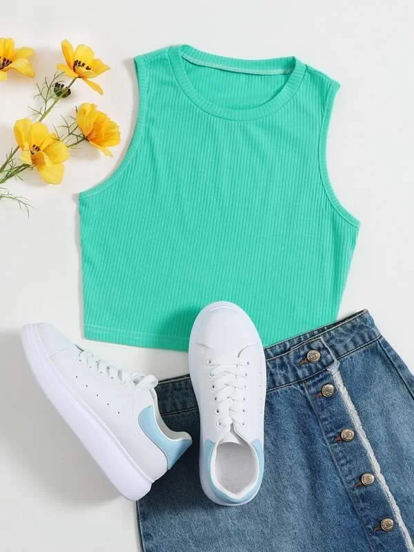 Ribbed Solid Crop Tank Top low neck tank