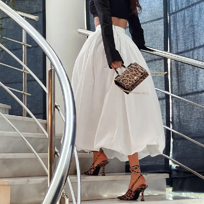 Feminine Solid Color Silky Satin Plicated High Waist Midi Balloon Skirt mini skirt trendy