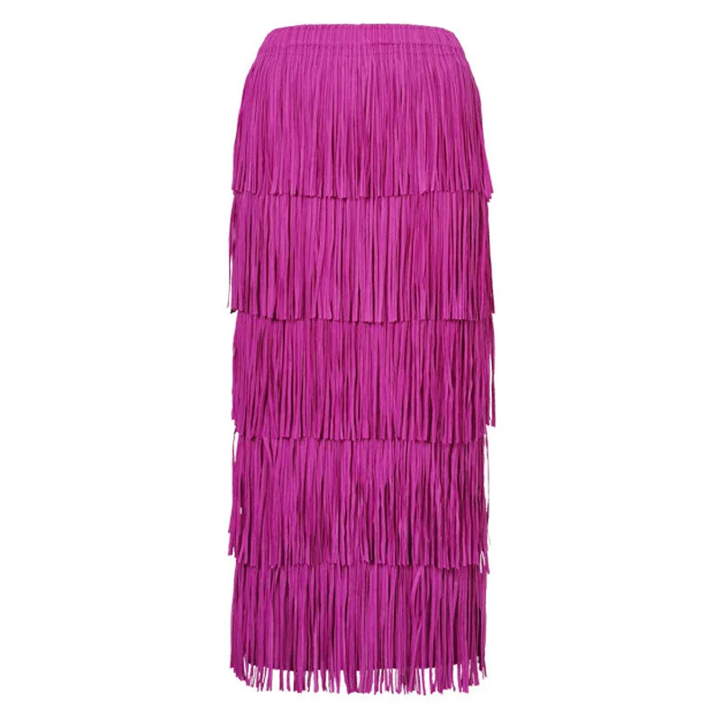 Retro Gatsby Solid Color High Waist Layered Tassel Pleated Midi Skirt cashmere skirt fine Retro Gatsby Solid Color High Waist Layered Tassel Pleated Midi Skirt cashmere skirt fine