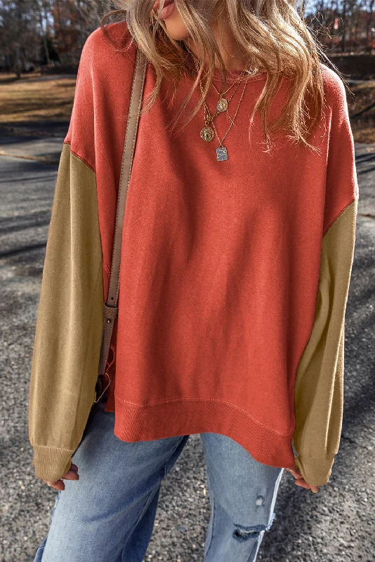 Contrast Sleeve Sweatshirt - Rust Hoodie with Zipper Placket Modern Functional