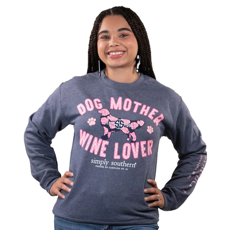 Simply Southern SS HTHRNVY Sweatshirt Dog Mother Wine Lover Hoodie with Hem Applique Textured Unique