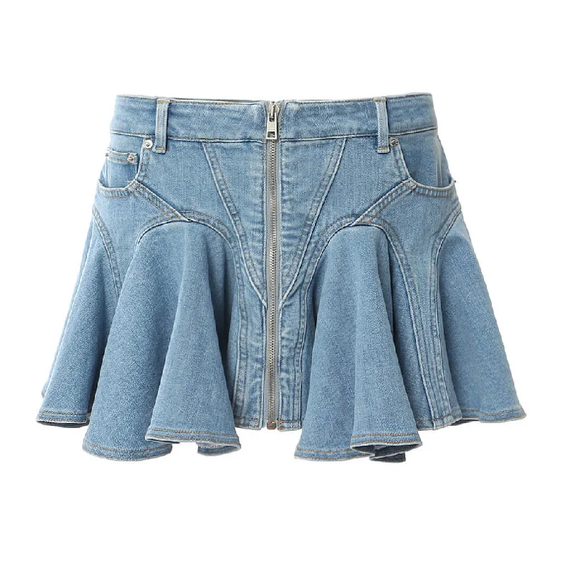 Floating Low Rise Exposed Zip Front Flared Ruffle Denim Micro Mini Skirt relaxed fit skirt Floating Low Rise Exposed Zip Front Flared Ruffle Denim Micro Mini Skirt relaxed fit skirt