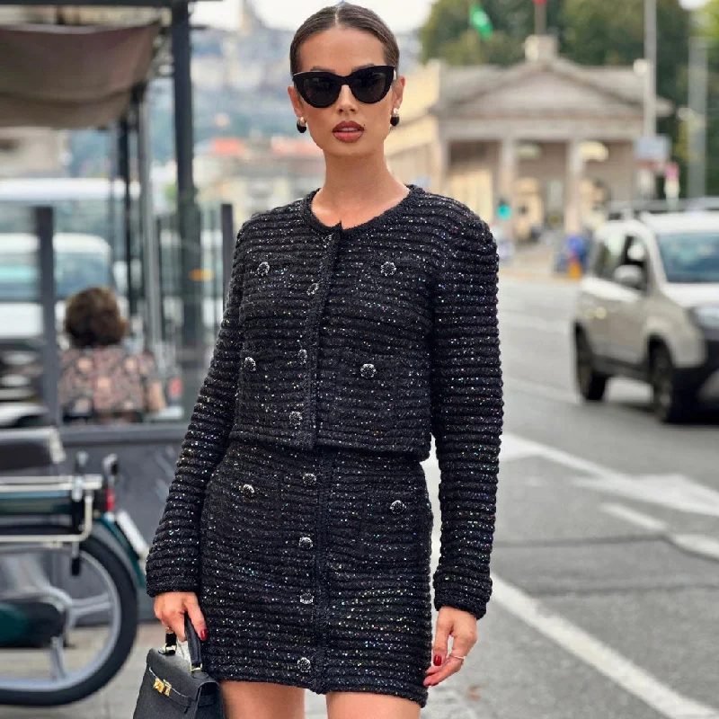 Luxurious Rainbow Sequin Crystal Button High Waist Bodycon Tweed Knit Mini Skirt denim skirt durable Luxurious Rainbow Sequin Crystal Button High Waist Bodycon Tweed Knit Mini Skirt denim skirt durable