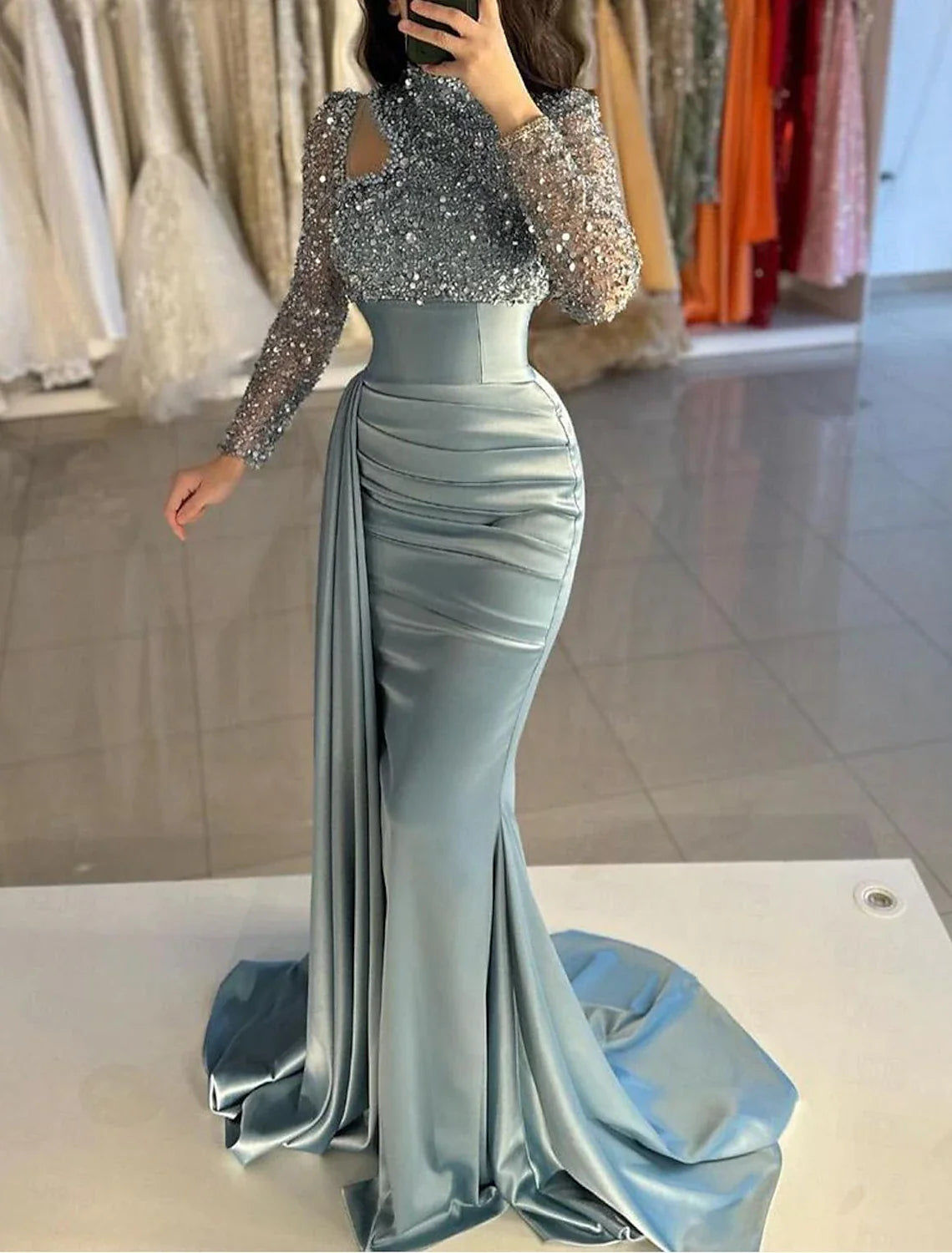 Mermaid / Trumpet Evening Gown Elegant Dress Formal Sweep / Brush Train Long Sleeve High Neck Satin with Pearls Sequin Tunics Business professional Mermaid / Trumpet Evening Gown Elegant Dress Formal Sweep / Brush Train Long Sleeve High Neck Satin with Pearls Sequin Tunics Business professional
