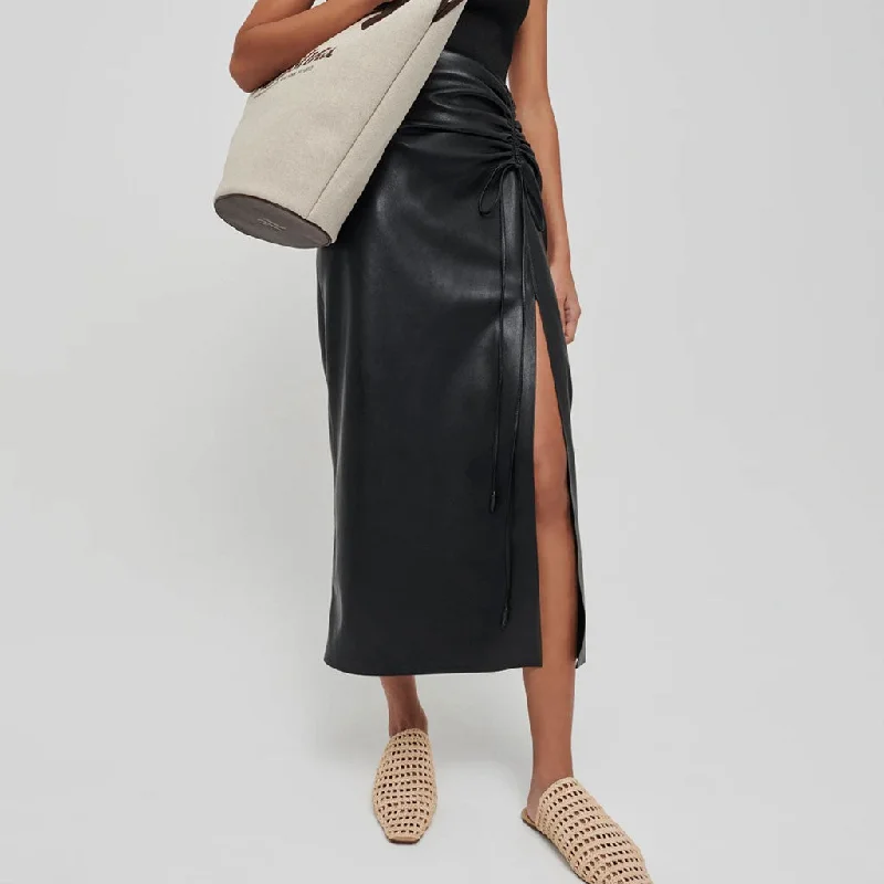 Sleek Drawstring Ruched High Waist Front Slit Vegan Leather Midi Skirt - Black wool skirt warm Sleek Drawstring Ruched High Waist Front Slit Vegan Leather Midi Skirt - Black wool skirt warm