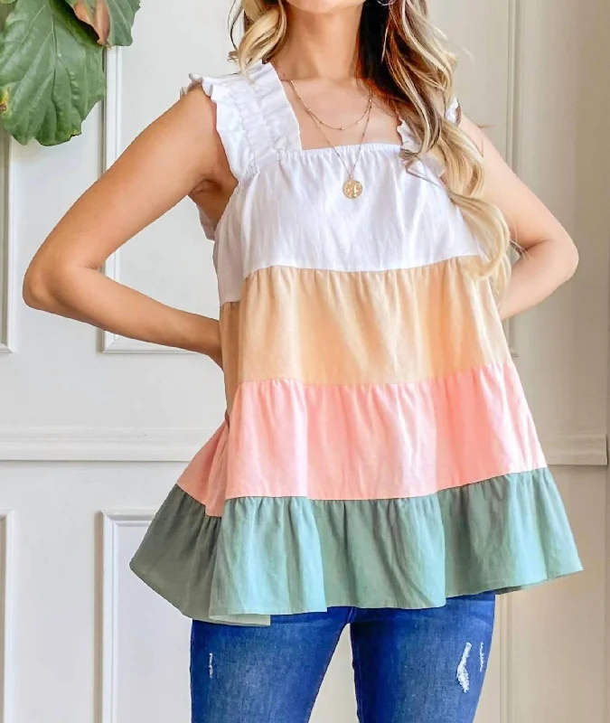 Color Block Ruffle Straps Tank Top In Ivory Multi cold shoulder tank