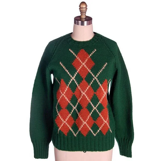 Vintage Hand Knit Green Argyle Sweater 1940s 3.5" Ribbed Waistband Sz M-L Print Jacquard Patchwork Vintage Hand Knit Green Argyle Sweater 1940s 3.5" Ribbed Waistband Sz M-L Print Jacquard Patchwork