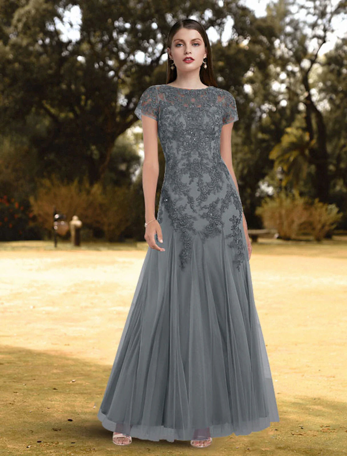 A-Line Evening Gown Floral Dress Wedding Guest Formal Evening Floor Length Short Sleeve Jewel Neck Lace with Pleats Pure Color Tunics Silk luxurious A-Line Evening Gown Floral Dress Wedding Guest Formal Evening Floor Length Short Sleeve Jewel Neck Lace with Pleats Pure Color Tunics Silk luxurious