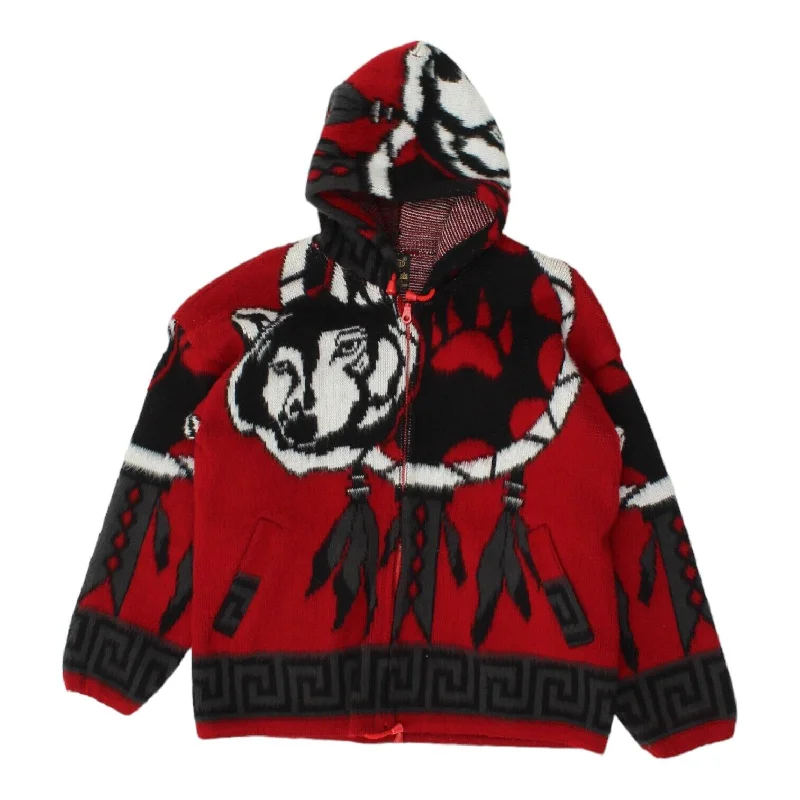 Genesis Womens Red Black Full Zip Wolf Knit Hoody | Vintage Designer Sweater VTG Satin Blend Silk Blend Wool Blend