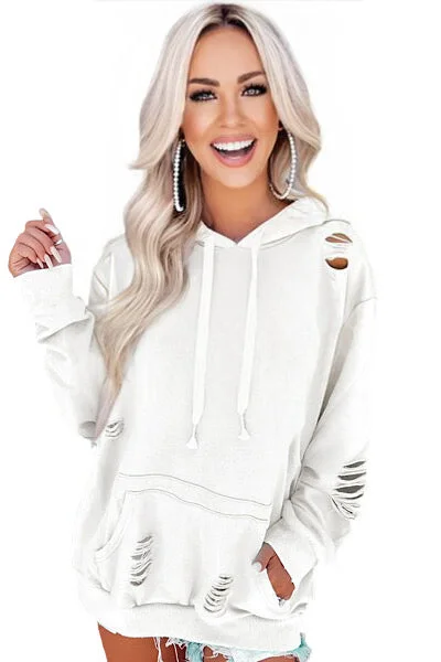Distressed Hoodie - White Hoodie with Tied Waist Feminine Flattering