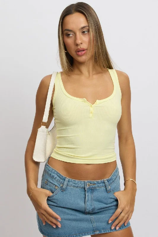 Yellow Rib Tank Button Front floral tank top