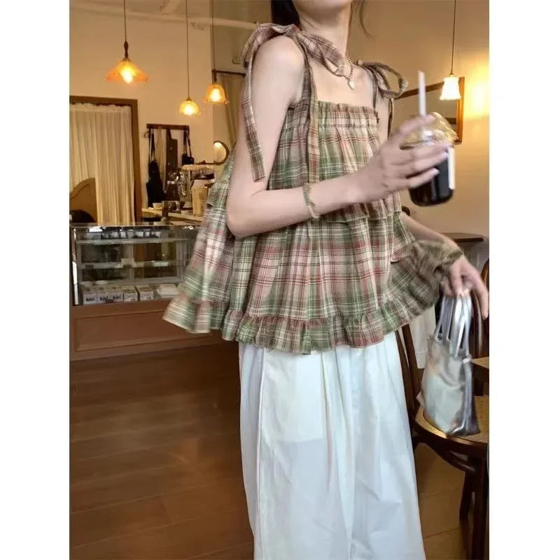 Advbridge Women's Vintage Plaid Cropped Tank Top Sweet Style Square Collar Mini Fresh Look Doll Blouse Short Length Fashion Outfit open back tank