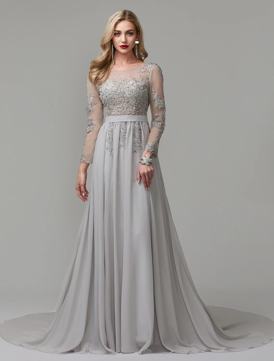 A-Line Luxurious Engagement Formal Evening Dress Illusion Neck V Back Low Back Long Sleeve Chapel Train Chiffon with Sequin Appliques 2024 / Illusion Sleeve Tunics Trousers formal A-Line Luxurious Engagement Formal Evening Dress Illusion Neck V Back Low Back Long Sleeve Chapel Train Chiffon with Sequin Appliques 2024 / Illusion Sleeve Tunics Trousers formal