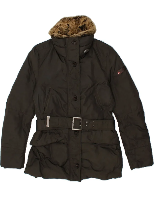 PEUTEREY Womens Padded Jacket IT 44 Medium Khaki Faux Fur Jacket Real Fur Jacket Shearling Jacket