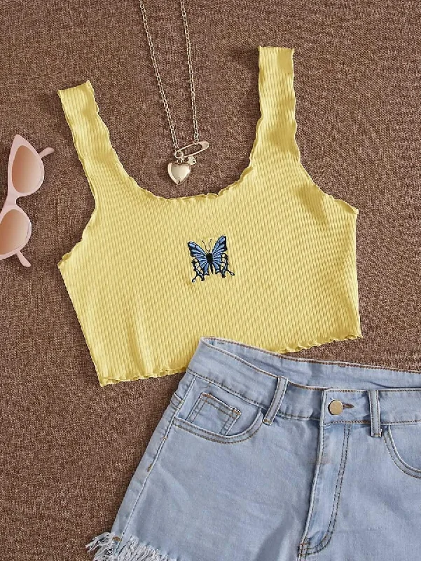 Butterfly Embroidered Rib-Knit Lettuce Trim Tank Top vintage tank top